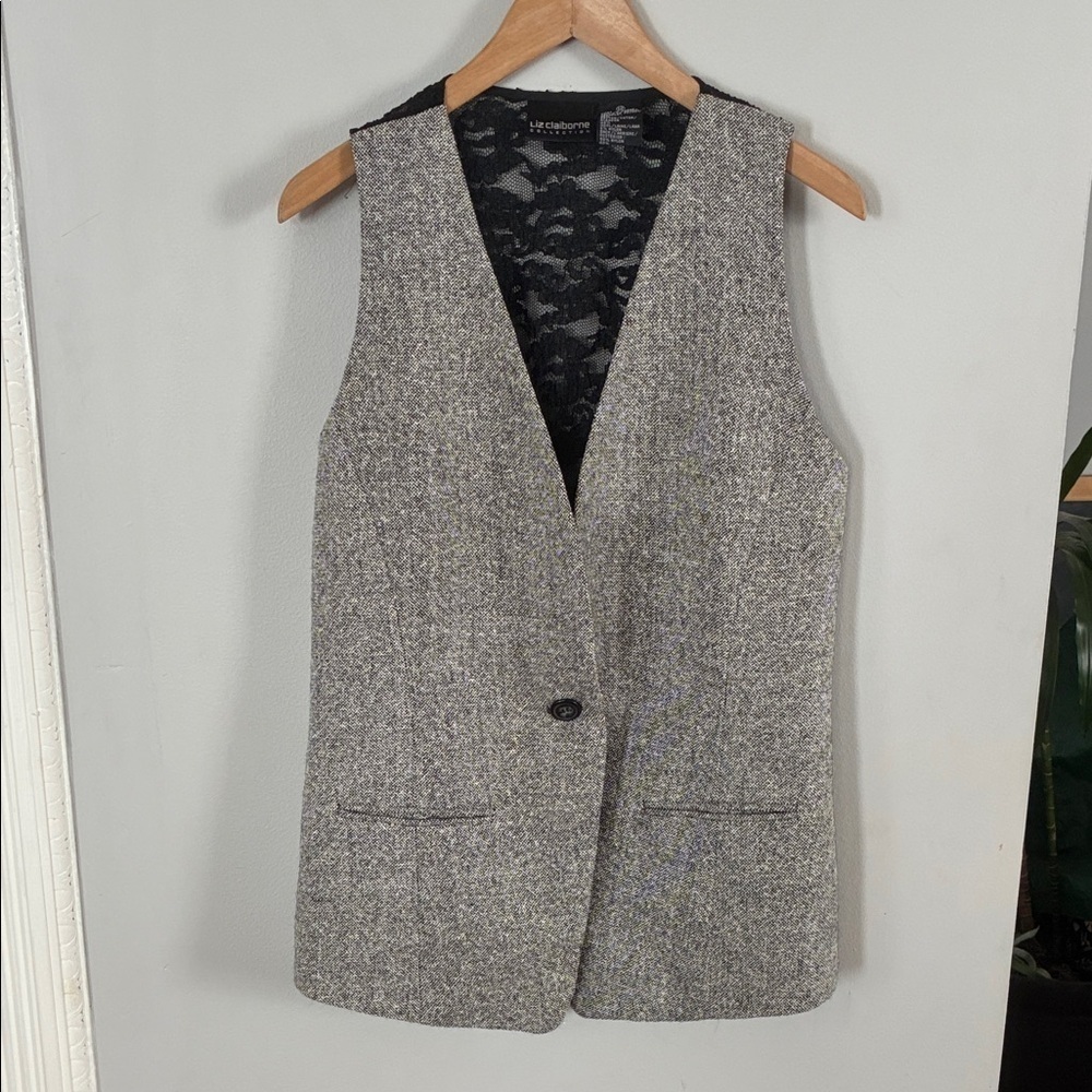 Liz Claiborne Women's Herringbone Gray|Black Lace Back Vest Sz 12